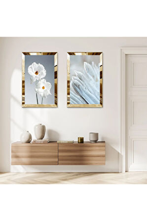 GOLD AYNALI PLEKSİ ÇERÇEVELİ SOYUT BEYAZ ÇİÇEKLER İKİLİ MDF TABLO SETİ