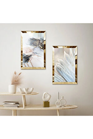 GOLD AYNALI PLEKSİ ÇERÇEVELİ BEYAZ ÇİÇEKLER İKİLİ MDF TABLO SETİ