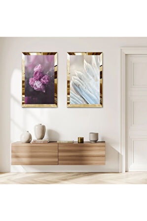 GOLD AYNALI PLEKSİ ÇERÇEVELİ MOR BEYAZ ÇİÇEKLER İKİLİ MDF TABLO SETİ