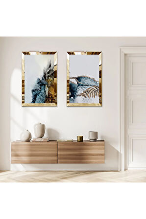 GOLD AYNALI PLEKSİ ÇERÇEVELİ MAVİ TONLARI SOYUT DESENLER DEKORATİF İKİLİ MDF TABLO SETİ