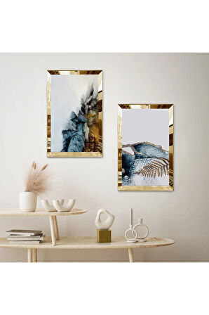 GOLD AYNALI PLEKSİ ÇERÇEVELİ MAVİ TONLARI SOYUT DESENLER DEKORATİF İKİLİ MDF TABLO SETİ