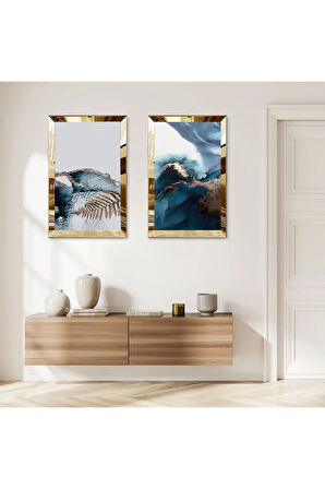 GOLD AYNALI PLEKSİ ÇERÇEVELİ MAVİ TONLARI SOYUT DESENLER İKİLİ MDF TABLO SETİ