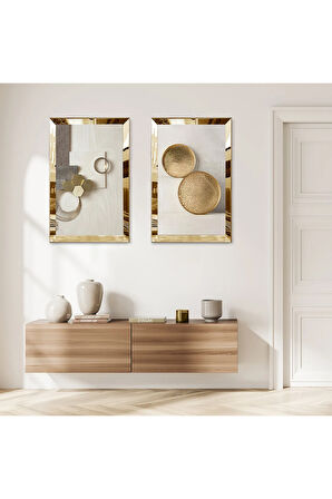 GOLD AYNALI PLEKSİ ÇERÇEVELİ KREM RENGİ SOYUT ŞEKİLLER DEKORATİF İKİLİ MDF TABLO SETİ