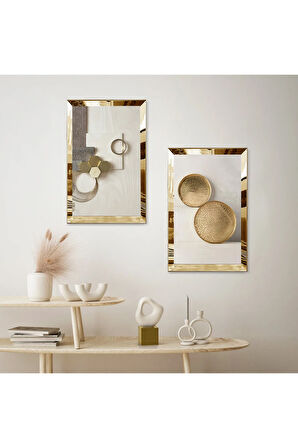 GOLD AYNALI PLEKSİ ÇERÇEVELİ KREM RENGİ SOYUT ŞEKİLLER DEKORATİF İKİLİ MDF TABLO SETİ