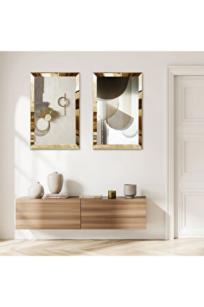 GOLD AYNALI PLEKSİ ÇERÇEVELİ KREM RENGİ SOYUT ŞEKİLLER MODERN İKİLİ MDF TABLO SETİ