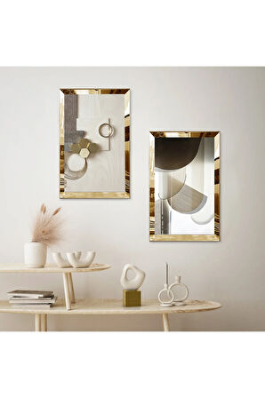 GOLD AYNALI PLEKSİ ÇERÇEVELİ KREM RENGİ SOYUT ŞEKİLLER MODERN İKİLİ MDF TABLO SETİ