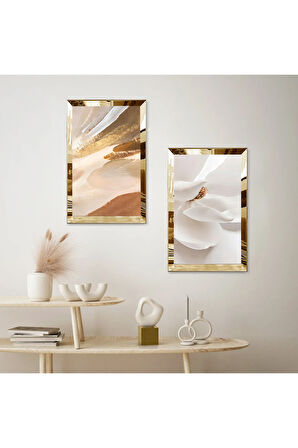 GOLD AYNALI PLEKSİ ÇERÇEVELİ BEYAZ DEKORATİF İKİLİ MDF TABLO SETİ