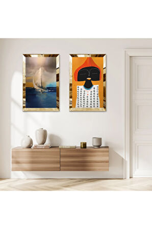 GOLD AYNALI PLEKSİ ÇERÇEVELİ DENİZDE KAYIK MODERN İKİLİ MDF TABLO SETİ