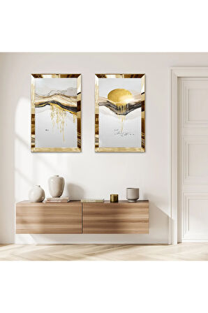 GOLD AYNALI PLEKSİ ÇERÇEVELİ BEYAZ SOYUT DAĞ MANZARALI İKİLİ MDF TABLO SETİ