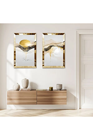 GOLD AYNALI PLEKSİ ÇERÇEVELİ BEYAZ SOYUT DAĞ MANZARALI MODERN İKİLİ MDF TABLO SETİ