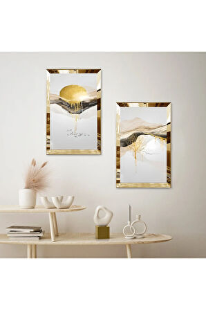 GOLD AYNALI PLEKSİ ÇERÇEVELİ BEYAZ SOYUT DAĞ MANZARALI MODERN İKİLİ MDF TABLO SETİ