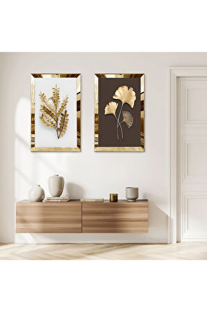GOLD AYNALI PLEKSİ ÇERÇEVELİ GOLD KURUTULMUŞ ÇİÇEK DEKORATİF İKİLİ MDF TABLO SETİ