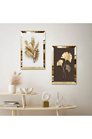 GOLD AYNALI PLEKSİ ÇERÇEVELİ GOLD KURUTULMUŞ ÇİÇEK DEKORATİF İKİLİ MDF TABLO SETİ