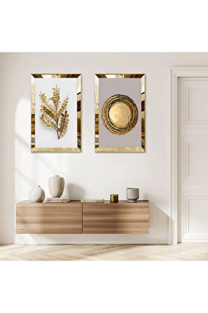 GOLD AYNALI PLEKSİ ÇERÇEVELİ GOLD KURUTULMUŞ ÇİÇEK MODERN İKİLİ MDF TABLO SETİ