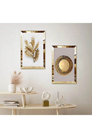GOLD AYNALI PLEKSİ ÇERÇEVELİ GOLD KURUTULMUŞ ÇİÇEK MODERN İKİLİ MDF TABLO SETİ