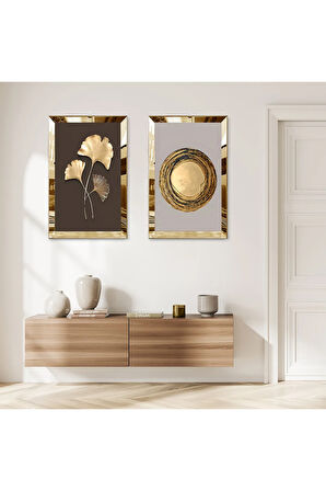 GOLD AYNALI PLEKSİ ÇERÇEVELİ GOLD KURUTULMUŞ ÇİÇEK İKİLİ MDF TABLO SETİ