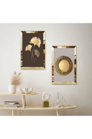 GOLD AYNALI PLEKSİ ÇERÇEVELİ GOLD KURUTULMUŞ ÇİÇEK İKİLİ MDF TABLO SETİ