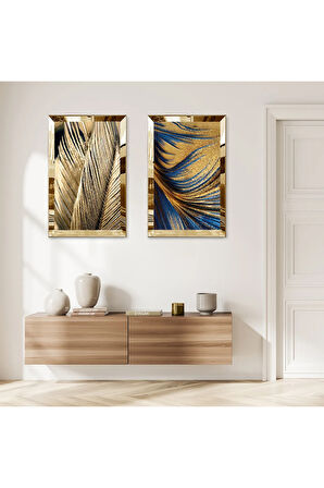 GOLD AYNALI PLEKSİ ÇERÇEVELİ GOLD PÜSKÜRTMELİ MODERN İKİLİ MDF TABLO SETİ