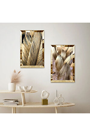 GOLD AYNALI PLEKSİ ÇERÇEVELİ GOLD PÜSKÜRTMELİ DEKORATİF İKİLİ MDF TABLO SETİ