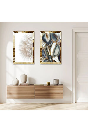 GOLD AYNALI PLEKSİ ÇERÇEVELİ SOYUT DESENLİ DEKORATİF İKİLİ MDF TABLO SETİ