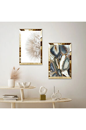 GOLD AYNALI PLEKSİ ÇERÇEVELİ SOYUT DESENLİ DEKORATİF İKİLİ MDF TABLO SETİ