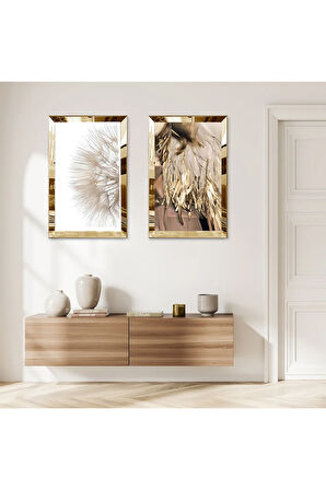 GOLD AYNALI PLEKSİ ÇERÇEVELİ SOYUT DESENLİ İKİLİ MDF TABLO SETİ