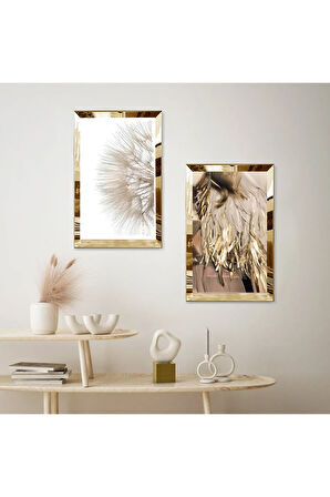 GOLD AYNALI PLEKSİ ÇERÇEVELİ SOYUT DESENLİ İKİLİ MDF TABLO SETİ