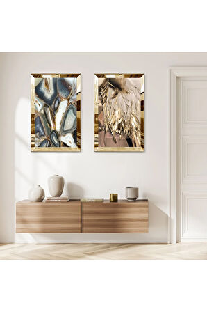 GOLD AYNALI PLEKSİ ÇERÇEVELİ SOYUT KAHVERENİ DESENLER MODERN İKİLİ MDF TABLO SETİ