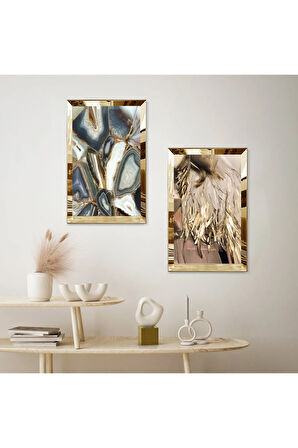GOLD AYNALI PLEKSİ ÇERÇEVELİ SOYUT KAHVERENİ DESENLER MODERN İKİLİ MDF TABLO SETİ