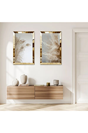 GOLD AYNALI PLEKSİ ÇERÇEVELİ GRİ ARKA PLANLI KURUTULMUŞ ÇİÇEKLER MODERN İKİLİ MDF TABLO SETİ