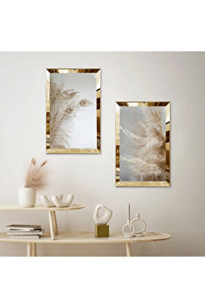 GOLD AYNALI PLEKSİ ÇERÇEVELİ GRİ ARKA PLANLI KURUTULMUŞ ÇİÇEKLER MODERN İKİLİ MDF TABLO SETİ