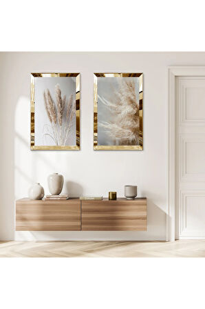 GOLD AYNALI PLEKSİ ÇERÇEVELİ GRİ ARKA PLANLI KURUTULMUŞ ÇİÇEKLER İKİLİ MDF TABLO SETİ