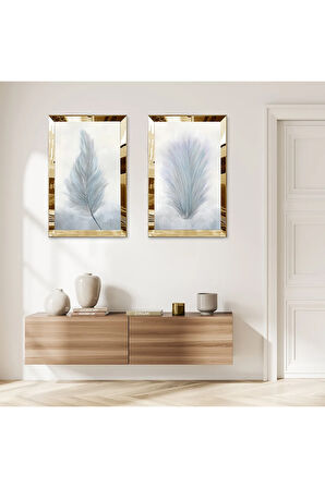 GOLD AYNALI PLEKSİ ÇERÇEVELİ BEYAZ ARKA PLANLI BEYAZ ÇİÇEKLER MODERN İKİLİ MDF TABLO SETİ
