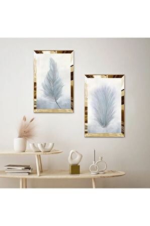 GOLD AYNALI PLEKSİ ÇERÇEVELİ BEYAZ ARKA PLANLI BEYAZ ÇİÇEKLER MODERN İKİLİ MDF TABLO SETİ