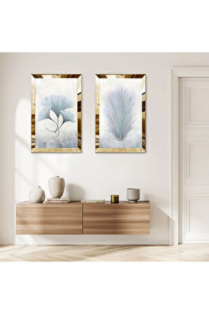 GOLD AYNALI PLEKSİ ÇERÇEVELİ BEYAZ ARKA PLANLI BEYAZ ÇİÇEKLER İKİLİ MDF TABLO SETİ