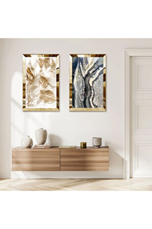GOLD AYNALI PLEKSİ ÇERÇEVELİ BEYAZ ARKA PLANLI GOLD ÇİÇEK DEKORATİF İKİLİ MDF TABLO SETİ