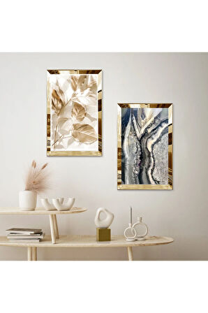 GOLD AYNALI PLEKSİ ÇERÇEVELİ BEYAZ ARKA PLANLI GOLD ÇİÇEK DEKORATİF İKİLİ MDF TABLO SETİ