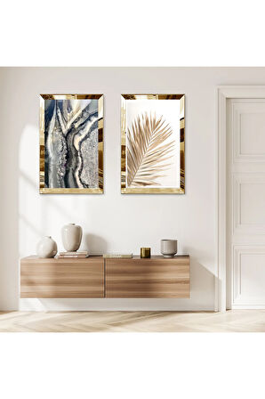 GOLD AYNALI PLEKSİ ÇERÇEVELİ BEYAZ ARKA PLANLI GOLD SOYUT ÇİÇEK İKİLİ MDF TABLO SETİ