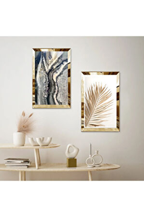 GOLD AYNALI PLEKSİ ÇERÇEVELİ BEYAZ ARKA PLANLI GOLD SOYUT ÇİÇEK İKİLİ MDF TABLO SETİ