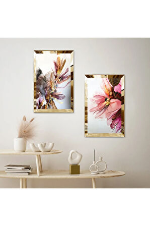 GOLD AYNALI PLEKSİ ÇERÇEVELİ RENKLİ DEKORATİF ÇİÇEKLER İKİLİ MDF TABLO SETİ