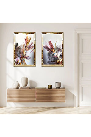 GOLD AYNALI PLEKSİ ÇERÇEVELİ RENKLİ MODERN ÇİÇEKLER DEKORATİF İKİLİ MDF TABLO SETİ