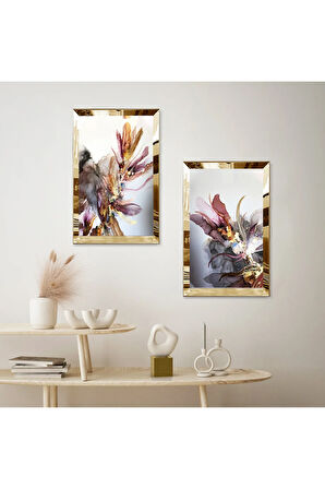 GOLD AYNALI PLEKSİ ÇERÇEVELİ RENKLİ MODERN ÇİÇEKLER DEKORATİF İKİLİ MDF TABLO SETİ