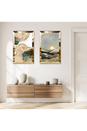 GOLD AYNALI PLEKSİ ÇERÇEVELİ SOYUT DAĞ DESENLİ İKİLİ MDF TABLO SETİ