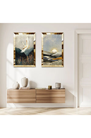 GOLD AYNALI PLEKSİ ÇERÇEVELİ UÇAN KUŞ MODERN İKİLİ MDF TABLO SETİ