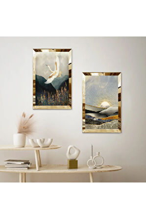 GOLD AYNALI PLEKSİ ÇERÇEVELİ UÇAN KUŞ MODERN İKİLİ MDF TABLO SETİ