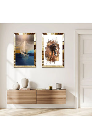 GOLD AYNALI PLEKSİ ÇERÇEVELİ DENZİDE KAYIK İKİLİ MDF TABLO SETİ