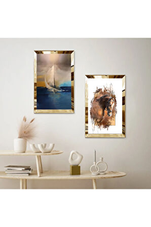 GOLD AYNALI PLEKSİ ÇERÇEVELİ DENZİDE KAYIK İKİLİ MDF TABLO SETİ