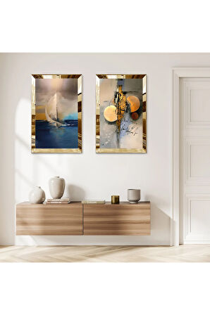 GOLD AYNALI PLEKSİ ÇERÇEVELİ DENİZDE KAYIK İKİLİ MDF TABLO SETİ