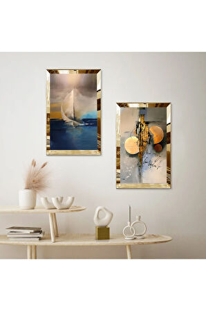 GOLD AYNALI PLEKSİ ÇERÇEVELİ DENİZDE KAYIK İKİLİ MDF TABLO SETİ