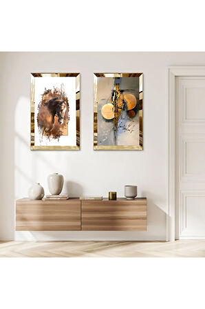 GOLD AYNALI PLEKSİ ÇERÇEVELİ BEYAZ ARKA PLANLI MODERN SOYUT ÇİZİM TABLO İKİLİ MDF TABLO SETİ